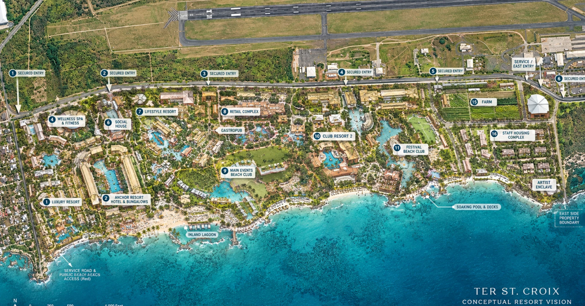 The Experience Resorts St. Croix conceptual campus plan showing resort areas, pools, beach clubs and shared entertainment spaces