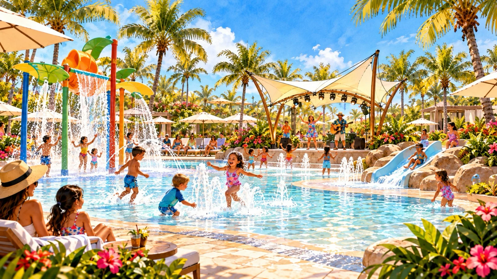 Families enjoying splash features and a small performance stage at the planned Beach Club
