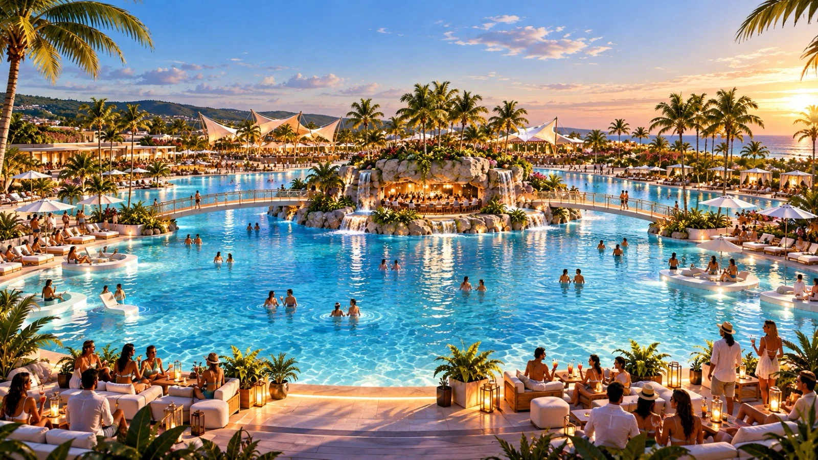 Concept of a broad lagoon-style resort pool with an island bar and palm-lined gathering spaces