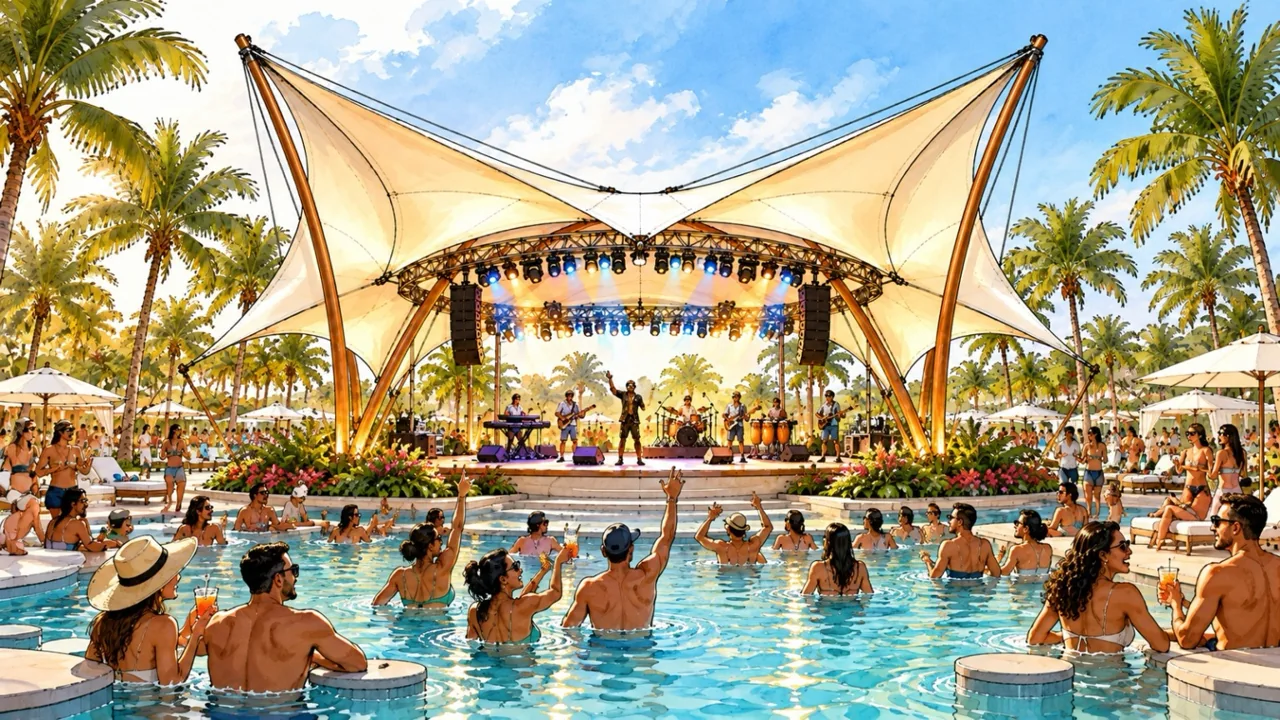 Concept of a resort performance stage with lighting and sound, surrounded by a pool and palm trees